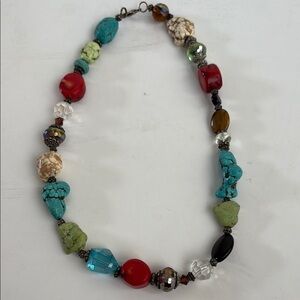 Mixed stone beaded lobster clip necklace turquoise tigers eye coral clear